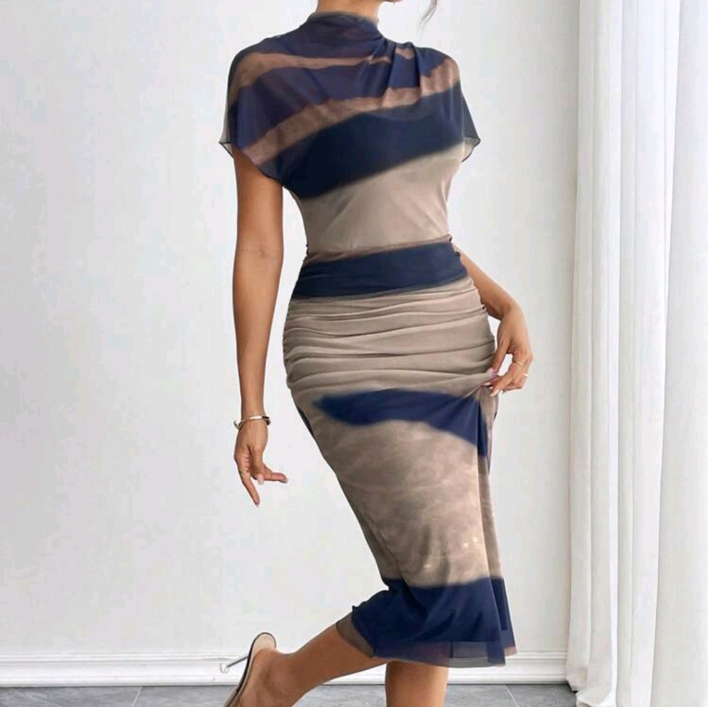 Perspective Stand Collar Tie-Dye Mesh Fabric Print Dress Maxi Women - Picture 5 of 7